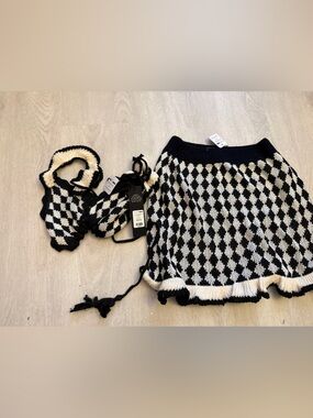 Fashion Nova Black & Cream Diamond-Check Knit Mini Skirt Set